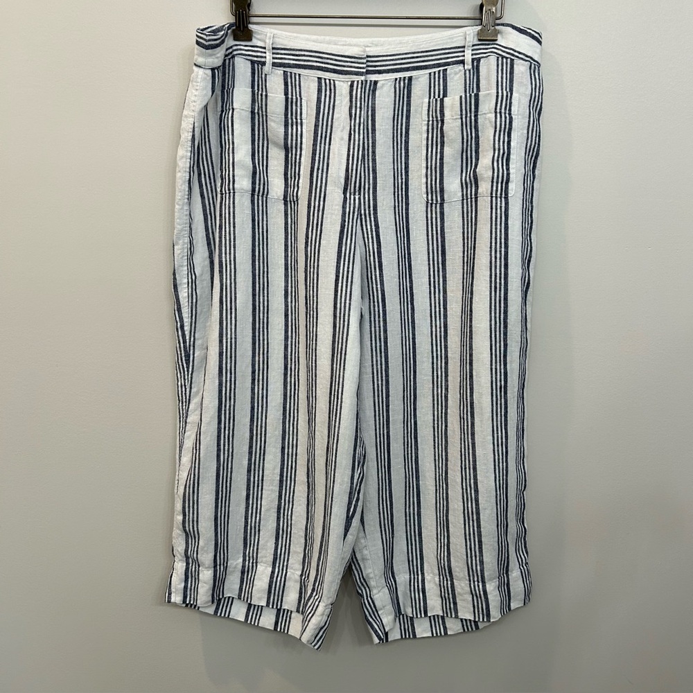 KAARI BLUE Linen Capri Pants Wide Legged White With Blue Stripes Size 14